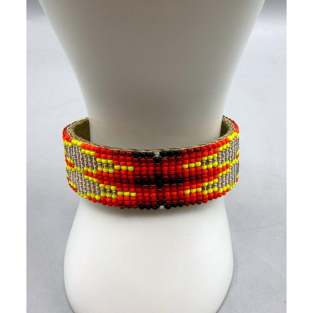 Handmade Leather Cuff Bracelet Multicolor Seed Beads Southwestern 1"